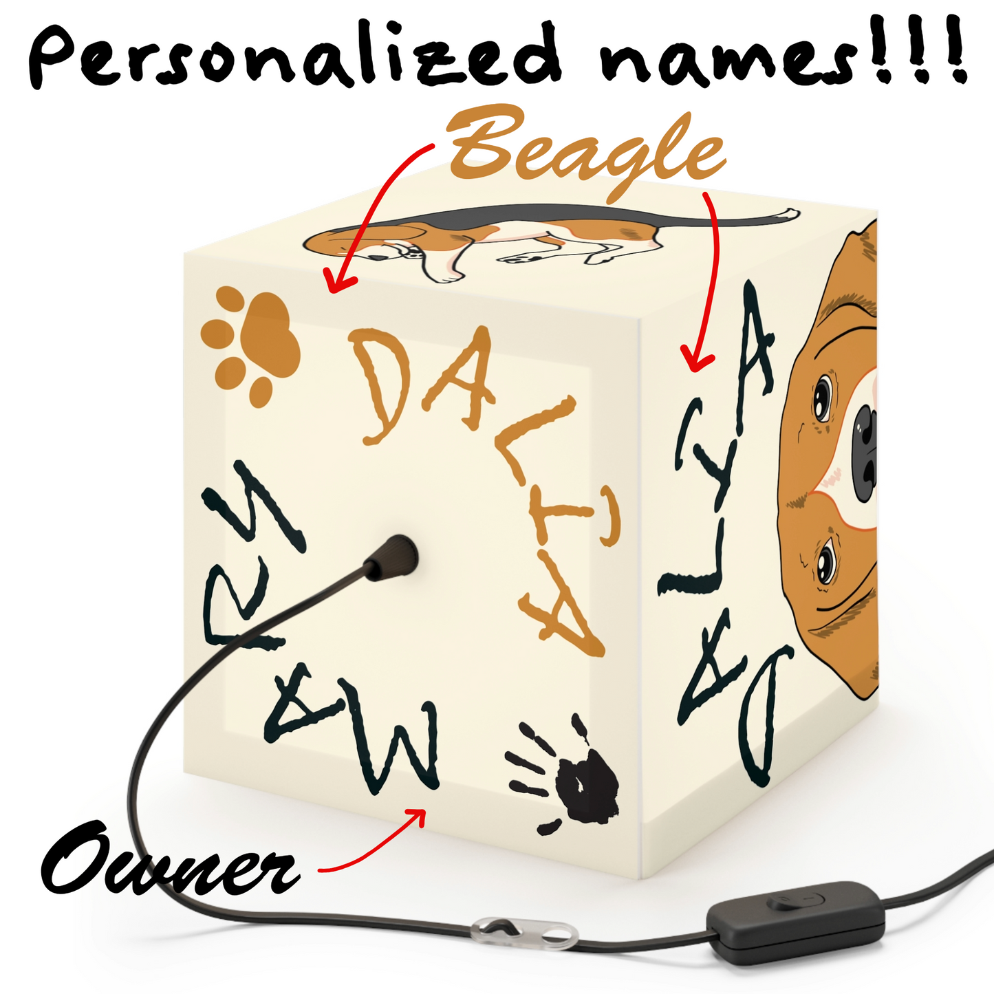 Personalized Cube Lamp - Beagle and Owner Name